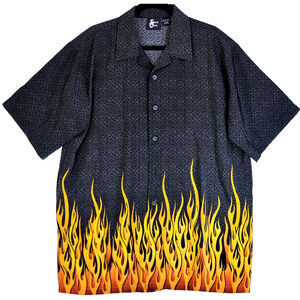 Street Culture Black Geometric Flames Mens Shirt Size Large Vintage Hawaiian Top